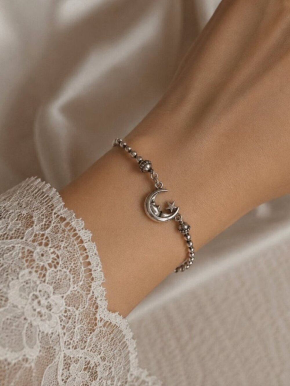 Sterling Silver Moon & Star Beaded Bracelet